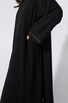 Black Chiffon Flared Custom Abaya with Lines Beadwork - Posh Abaya