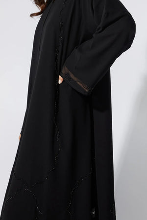 Black Chiffon Flared Custom Abaya with Lines Beadwork - Posh Abaya
