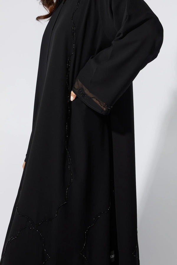Black Chiffon Flared Custom Abaya with Lines Beadwork - Posh Abaya