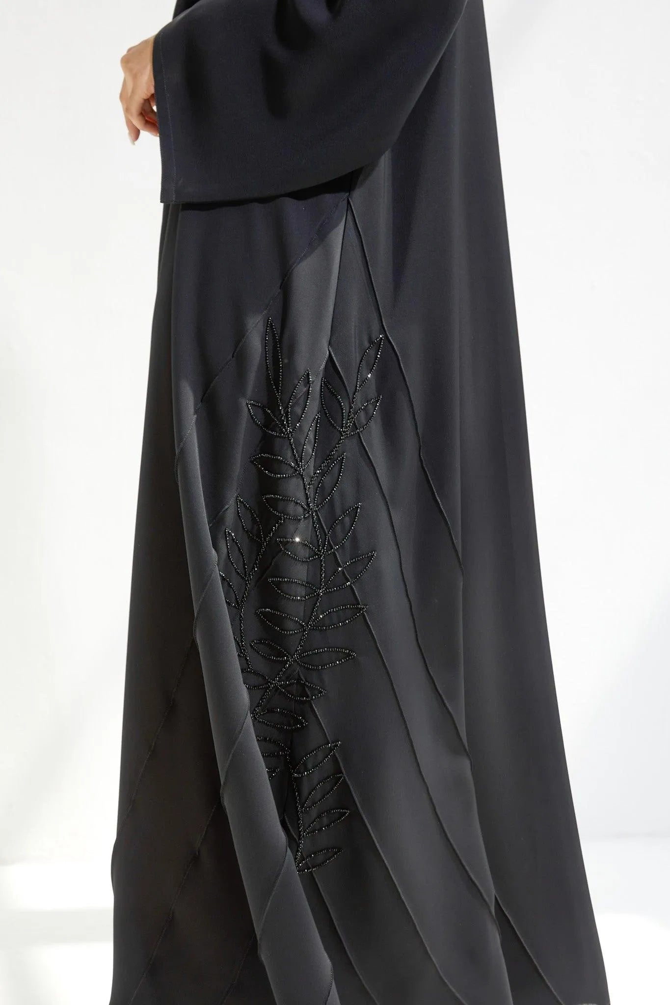 Black Chiffon Flared Custom Abaya with Side Pintux and Beadwork - Posh Abaya