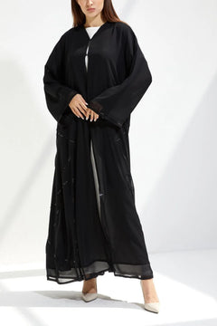 Black Chiffon Flared Custom Abaya with Side Black & Silver Beadwork - Posh Abaya