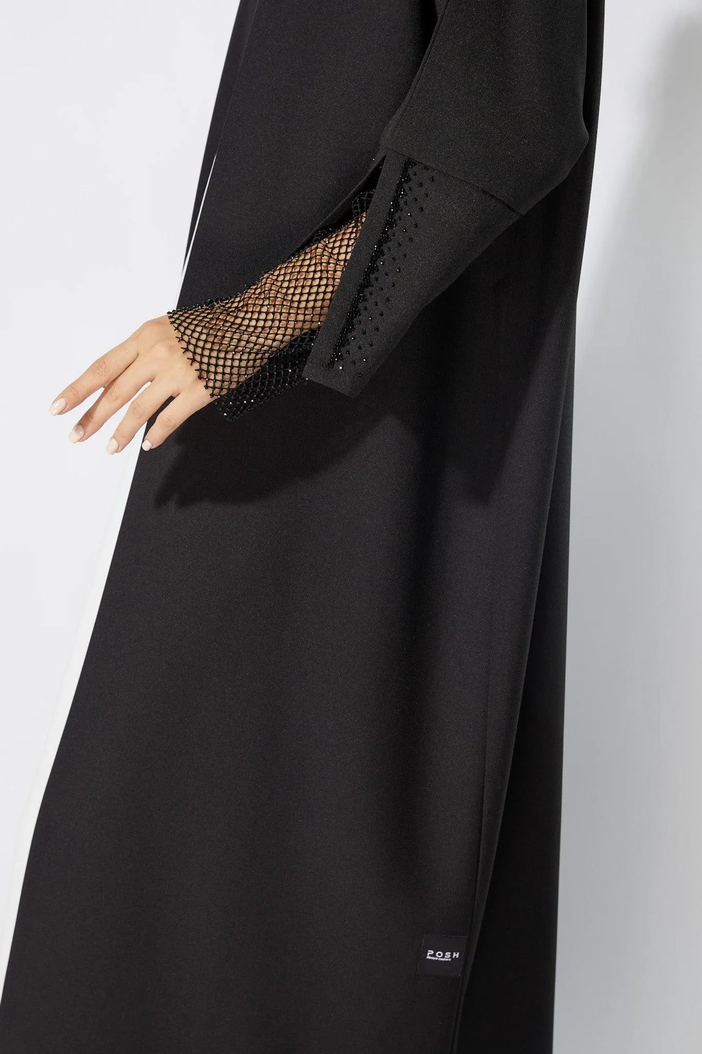 Black Classic Crepe Custom Abaya with Embellished sleeves - Posh Abaya