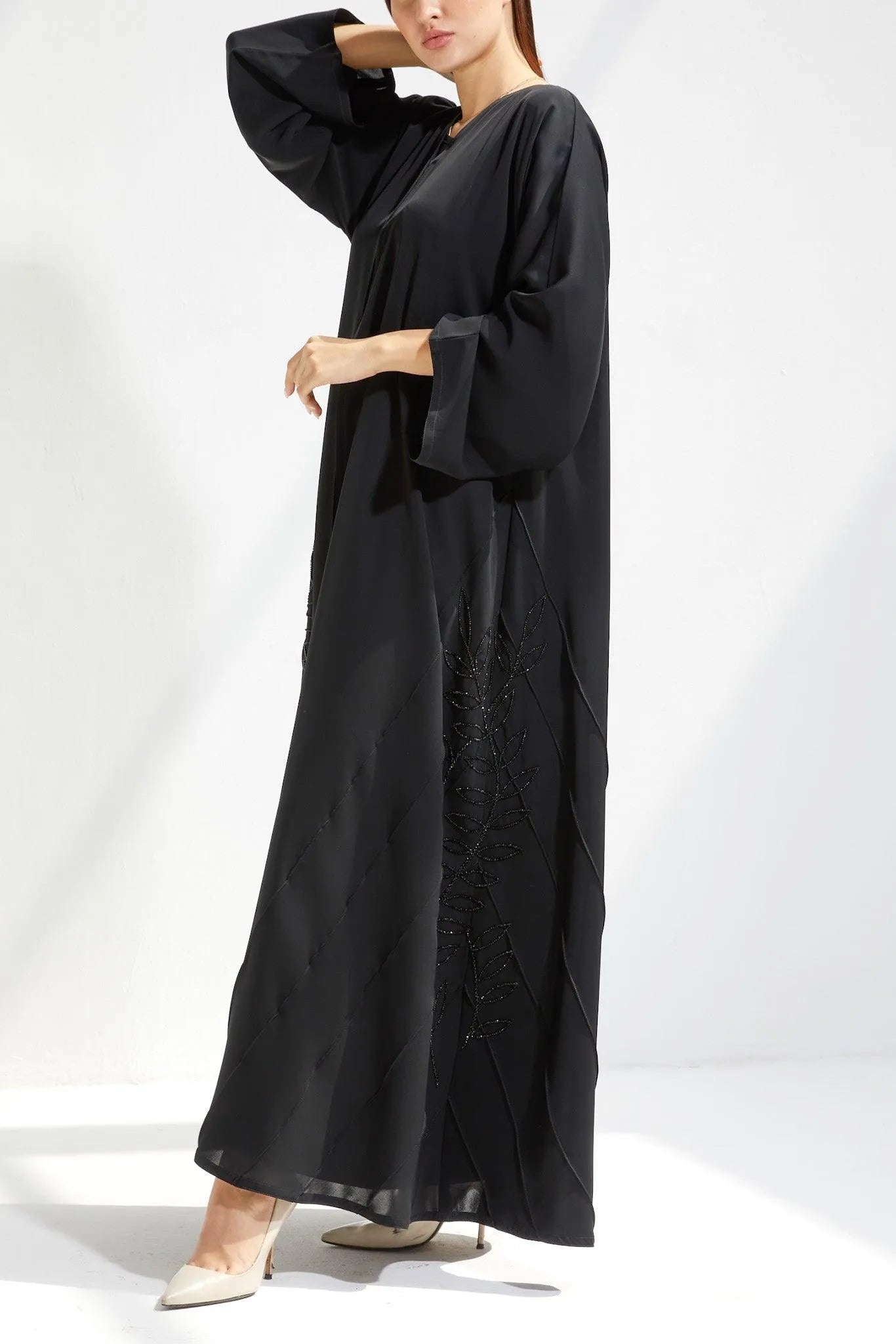 Black Chiffon Flared Custom Abaya with Side Pintux and Beadwork - Posh Abaya