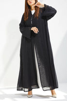 Black Chiffon Flared Custom Abaya with Front Beadwork - Posh Abaya
