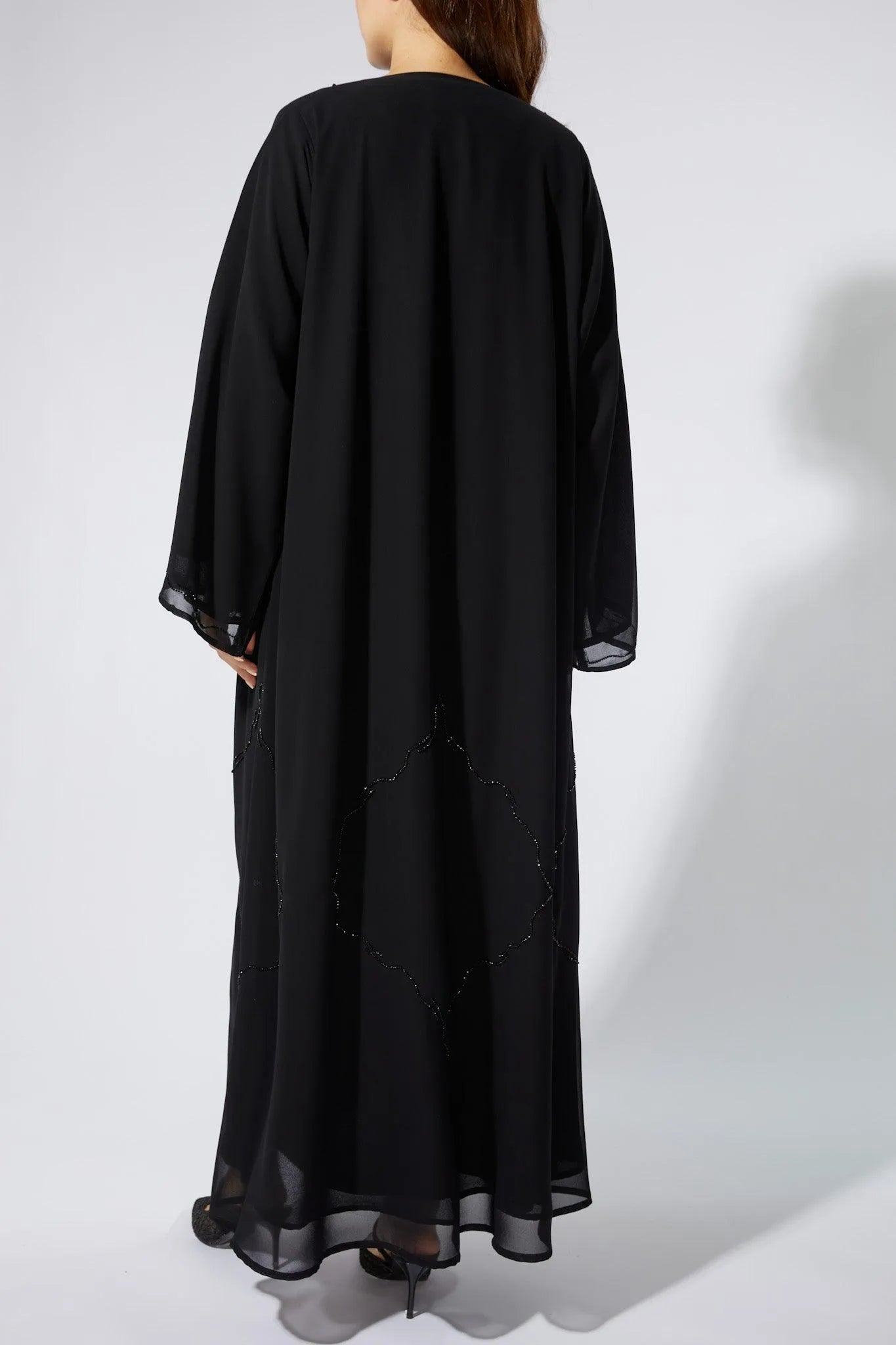 Black Chiffon Flared Custom Abaya with Lines Beadwork - Posh Abaya