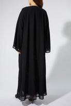 Black Chiffon Flared Custom Abaya with Lines Beadwork - Posh Abaya