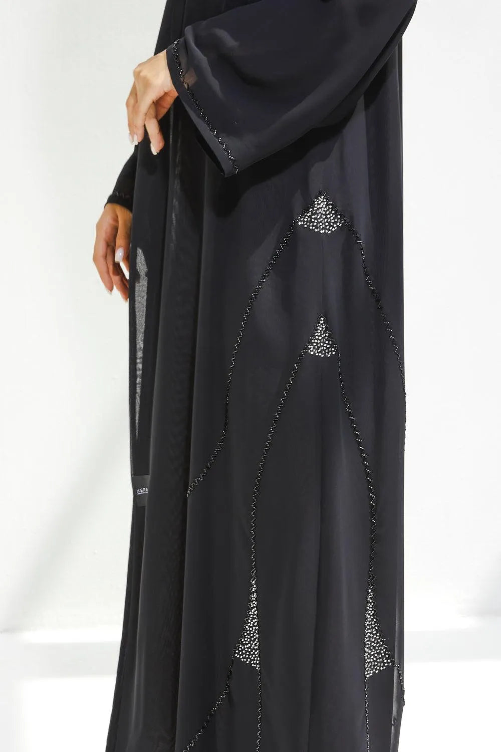 Black Chiffon Flared Custom Abaya with Side Black & Silver Beadwork - Posh Abaya