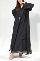 Black Organza Custom Abaya with Floral Beadwork - Posh Abaya