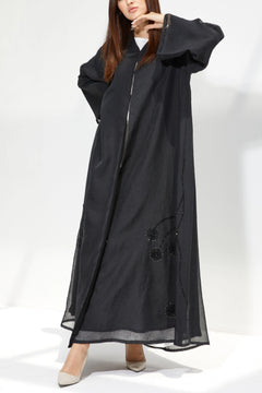 Black Organza Custom Abaya with Floral Beadwork - Posh Abaya