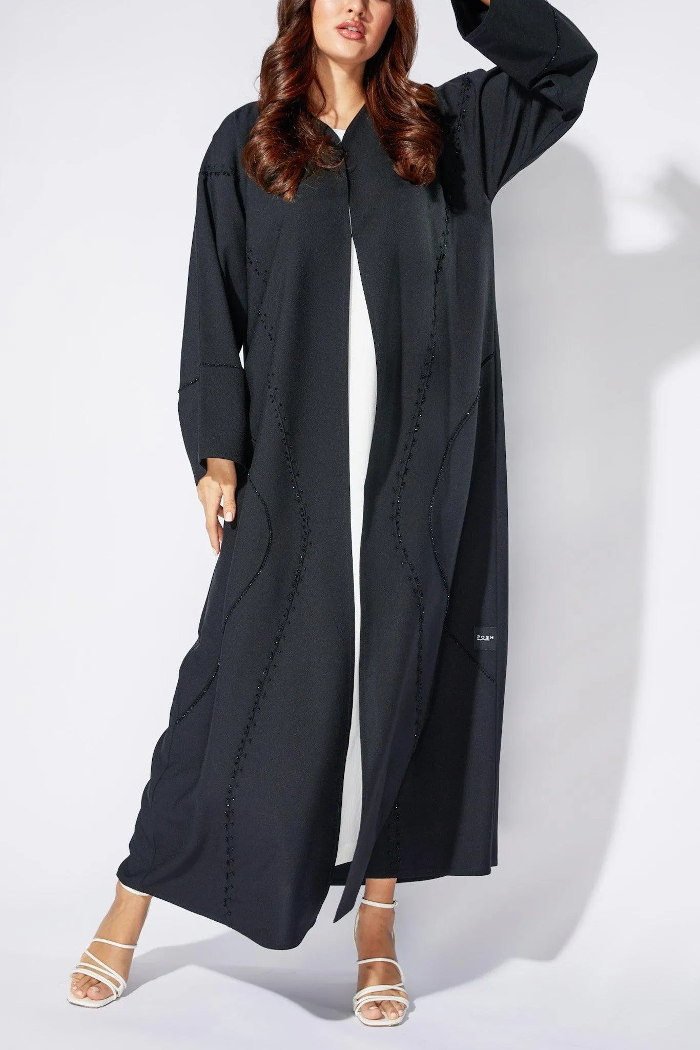 Black Classic Crepe Flared Custom Abaya with Wavy Lines Beadwork - Posh Abaya