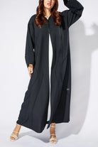 Black Classic Crepe Flared Custom Abaya with Wavy Lines Beadwork - Posh Abaya