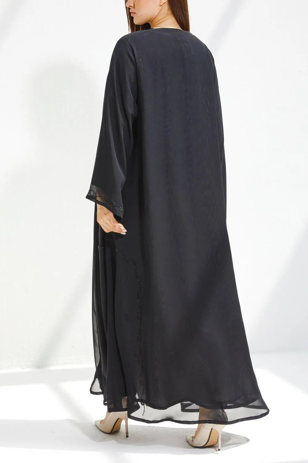 Black Chiffon Flared Custom Abaya with Front Beadwork - Posh Abaya