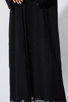 Black Chiffon Flared Custom Abaya with Lines Beadwork - Posh Abaya