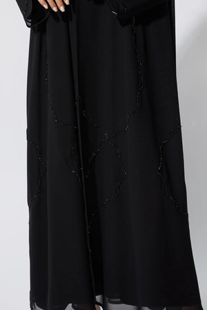 Black Chiffon Flared Custom Abaya with Lines Beadwork - Posh Abaya