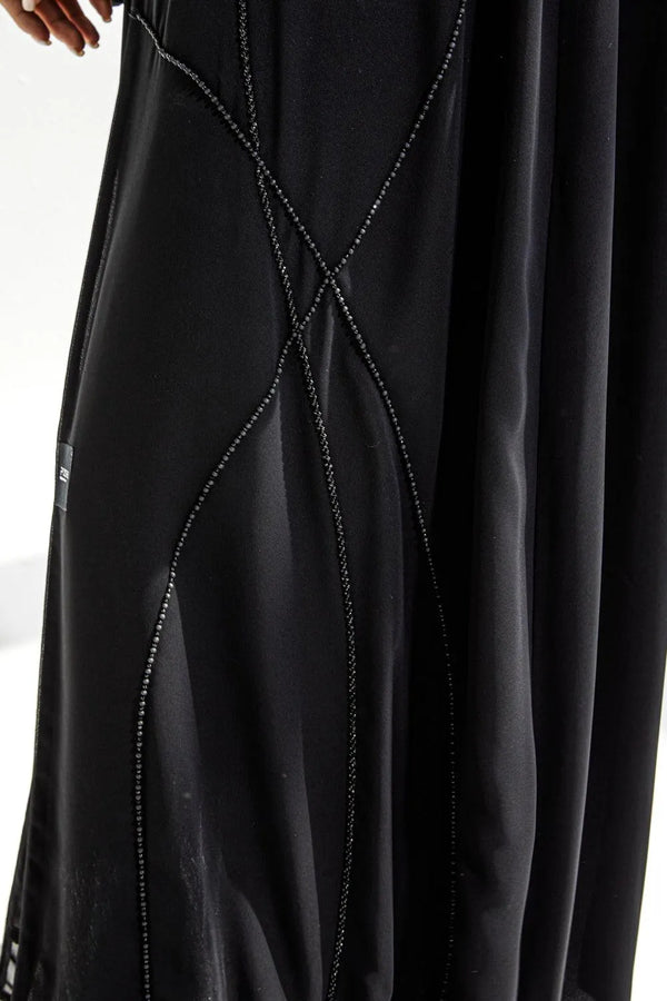 Black Chiffon Custom Abaya with Abstract Beadwork - Posh Abaya