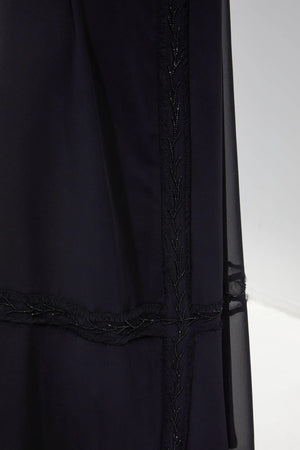 Black Chiffon Flared Custom Abaya with Front Cut and Beadwork - Posh Abaya