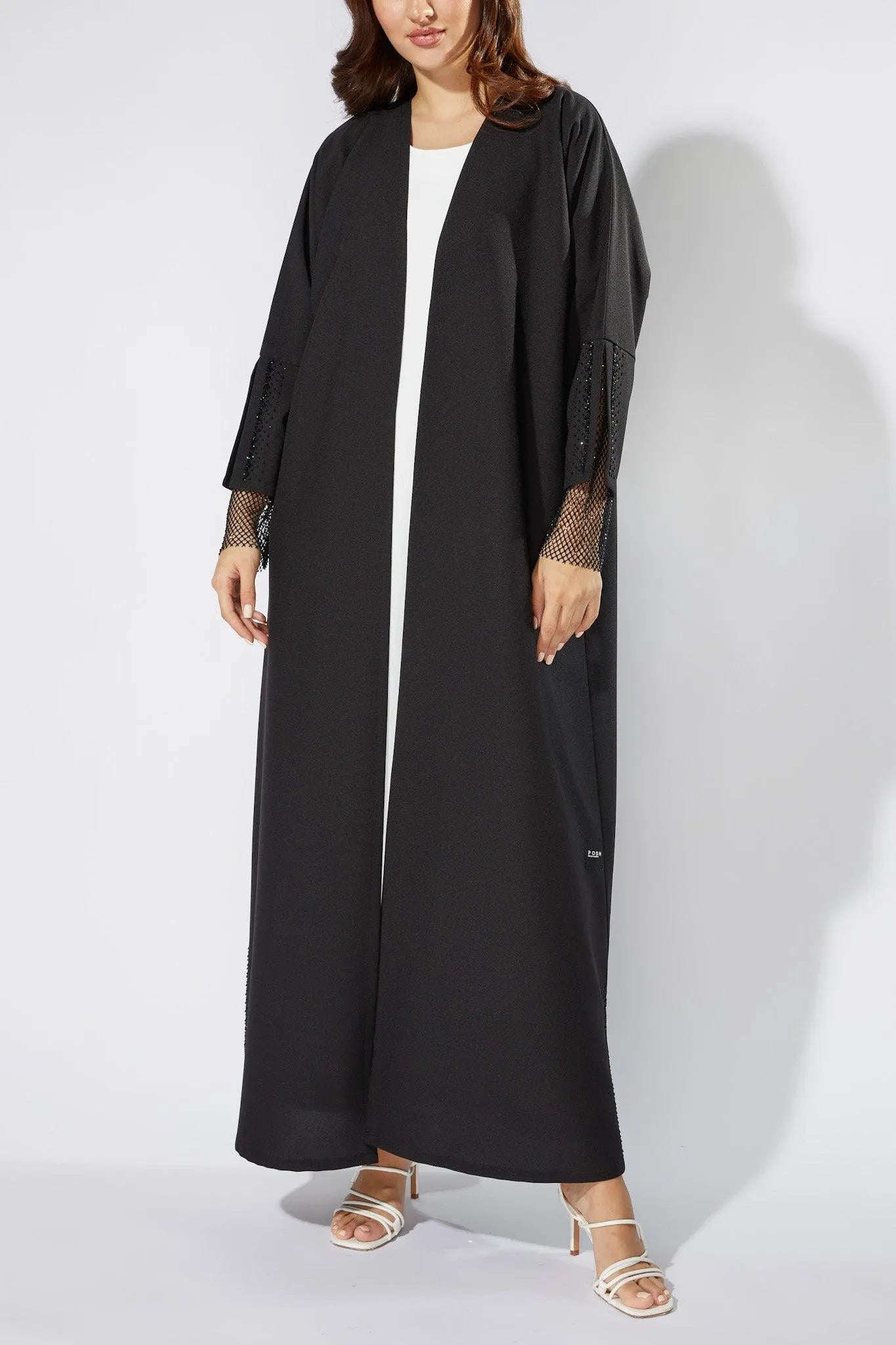 Black Classic Crepe Custom Abaya with Embellished sleeves - Posh Abaya