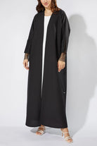 Black Classic Crepe Custom Abaya with Embellished sleeves - Posh Abaya