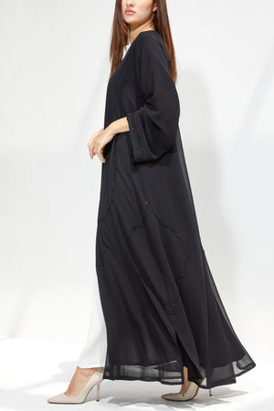 Black Chiffon Flared Custom Abaya with Lines Beadwork - Posh Abaya