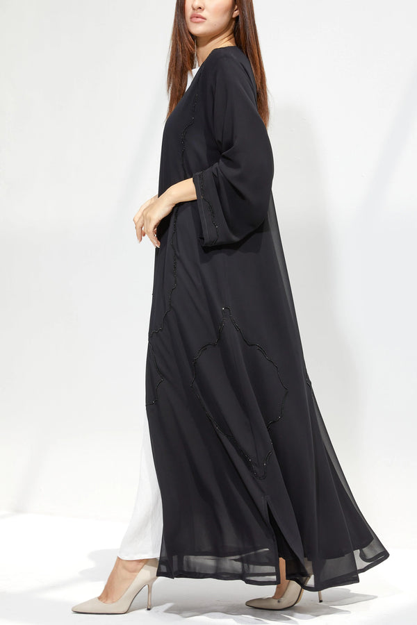 Black Chiffon Flared Custom Abaya with Lines Beadwork - Posh Abaya