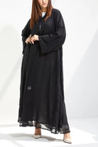 Black Chiffon Flared Custom Abaya with Semi-floral Beadwork - Posh Abaya