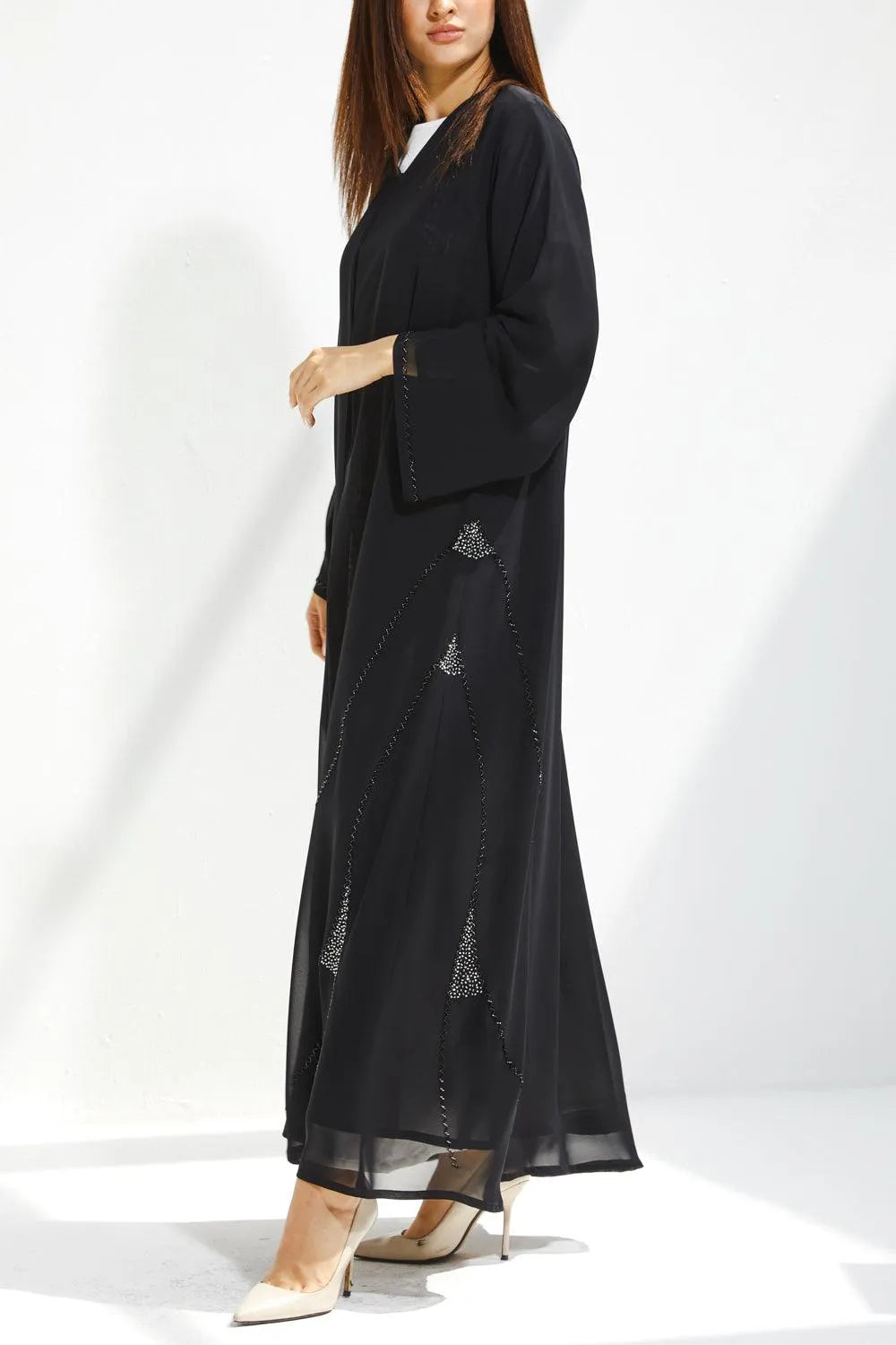 Black Chiffon Flared Custom Abaya with Side Black & Silver Beadwork - Posh Abaya