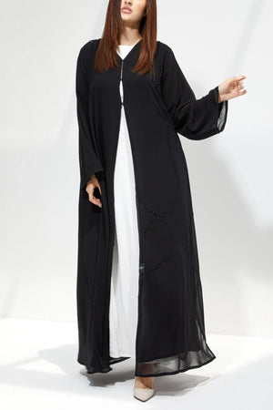 Black Chiffon Flared Custom Abaya with Lines Beadwork - Posh Abaya