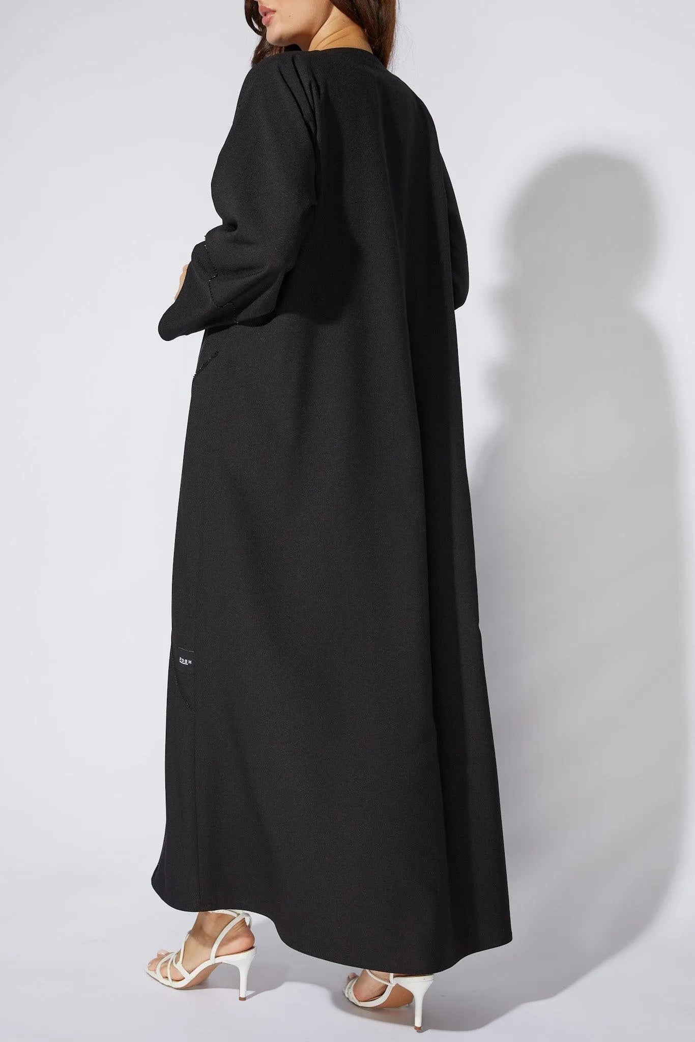 Black Classic Crepe Flared Custom Abaya with Wavy Lines Beadwork - Posh Abaya