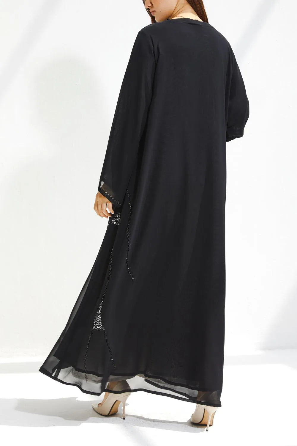 Black Chiffon Flared Custom Abaya with Side Black & Silver Beadwork - Posh Abaya