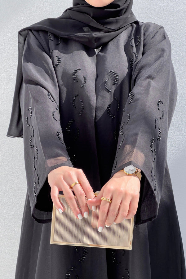 Black Organza Custom Abaya with Front Black & Silver Beadwork - Posh Abaya