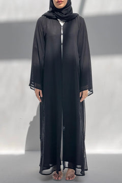 Black Chiffon Custom Abaya with Side Modest Closed Lines Beadwork - Posh Abaya