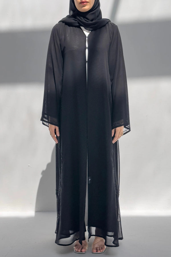 Black Chiffon Custom Abaya with Side Modest Closed Lines Beadwork - Posh Abaya