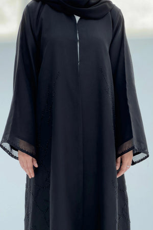 Custom Organza scatter beaded side placement black abaya - Posh Abaya
