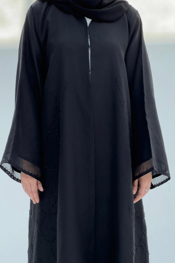Custom Organza scatter beaded side placement black abaya - Posh Abaya