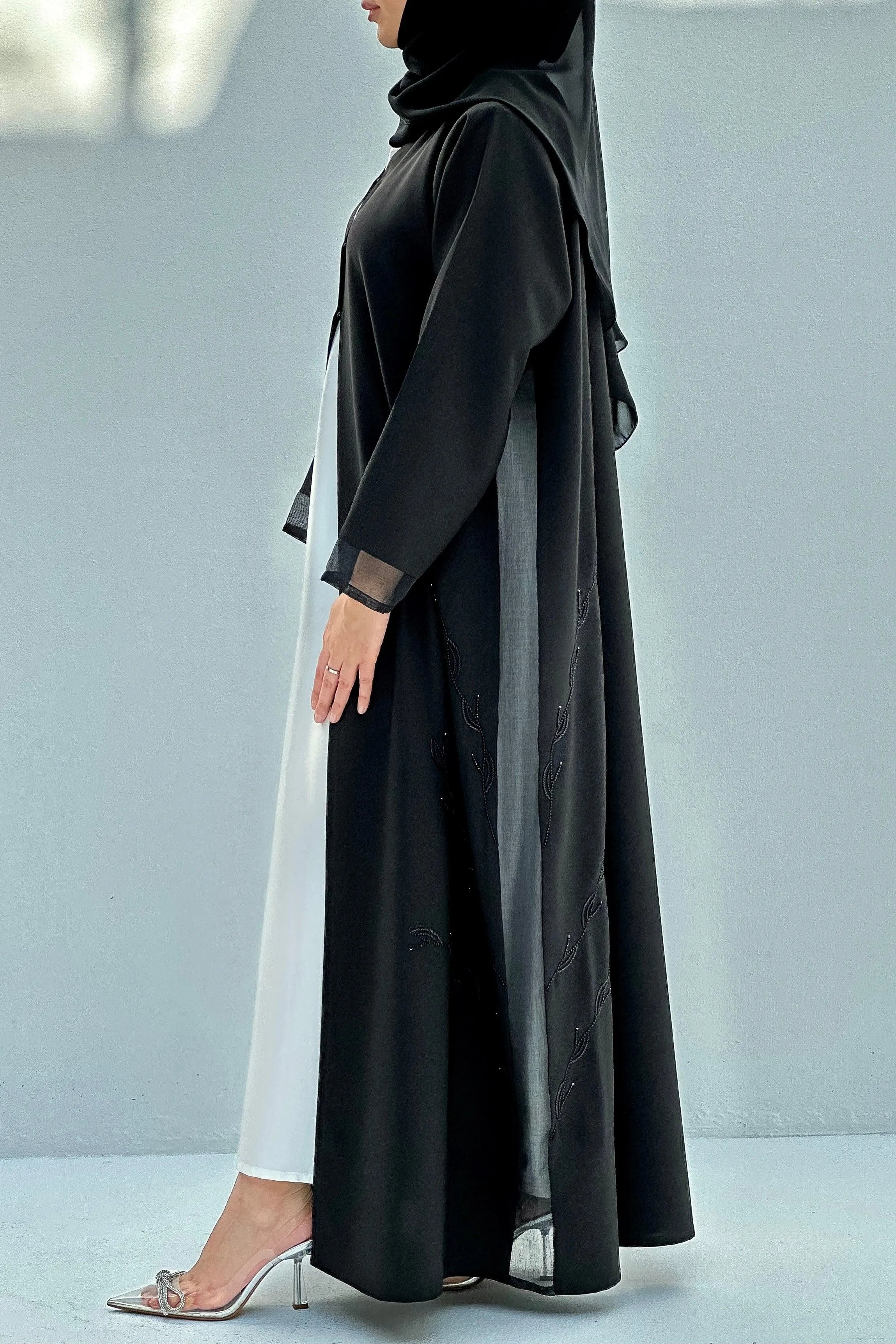 Black Organza Custom Abaya with Side Abstract Beadwork - Posh Abaya