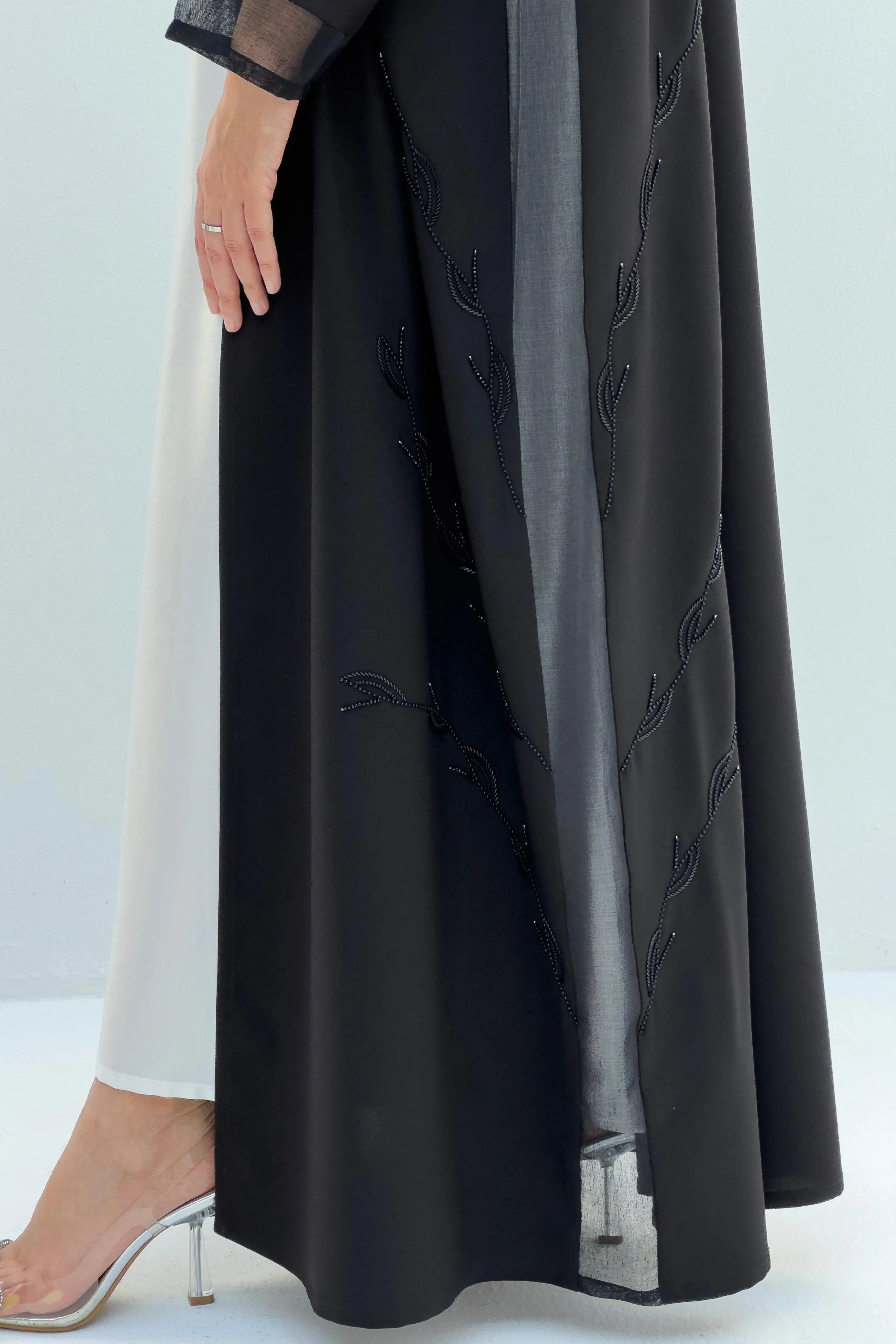 Black Organza Custom Abaya with Side Abstract Beadwork - Posh Abaya