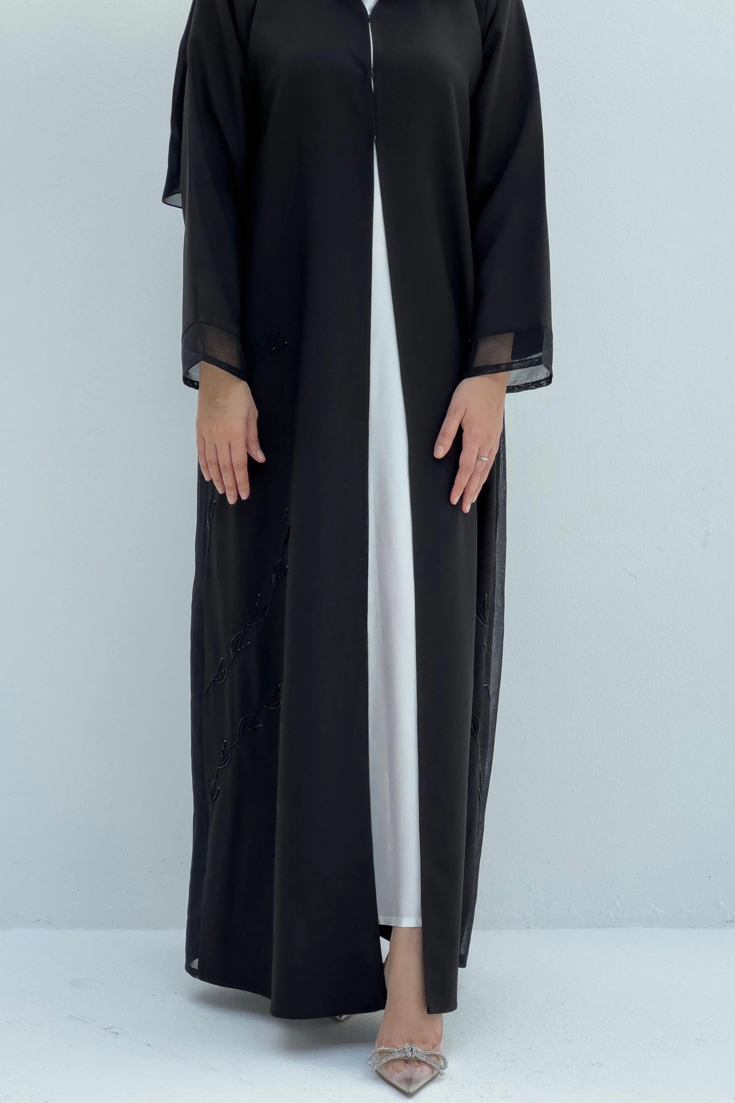 Black Organza Custom Abaya with Side Abstract Beadwork - Posh Abaya