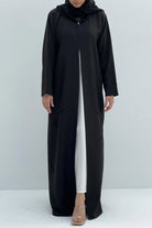 Black Chiffon Flared Custom Abaya with Geometric Beadwork - Posh Abaya