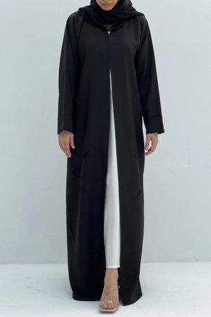 Black Kadi Crepe Flared Custom Abaya with Geometric Beadwork - Posh Abaya