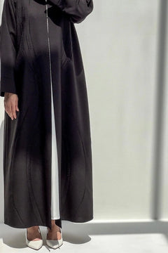 Black Classic Crepe Custom Abaya with Front Pintux and Beadwork - Posh Abaya