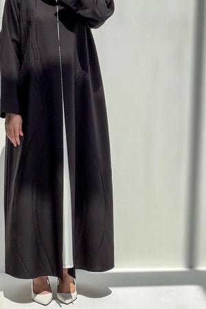 Black Classic Crepe Custom Abaya with Front Pintux and Beadwork - Posh Abaya